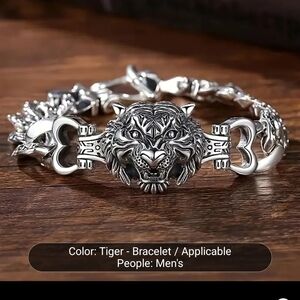 Men's Stainless Steel Silver Tiger Head Bracelet 8"